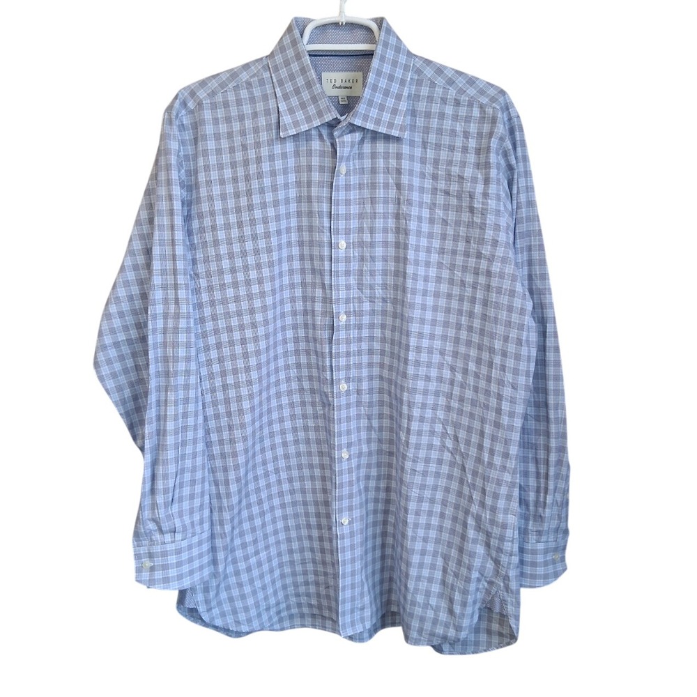 Ted Baker Endurance Blue plaid LS Button Down Dress Shirt Cotton Sz 16.5 EUC‎